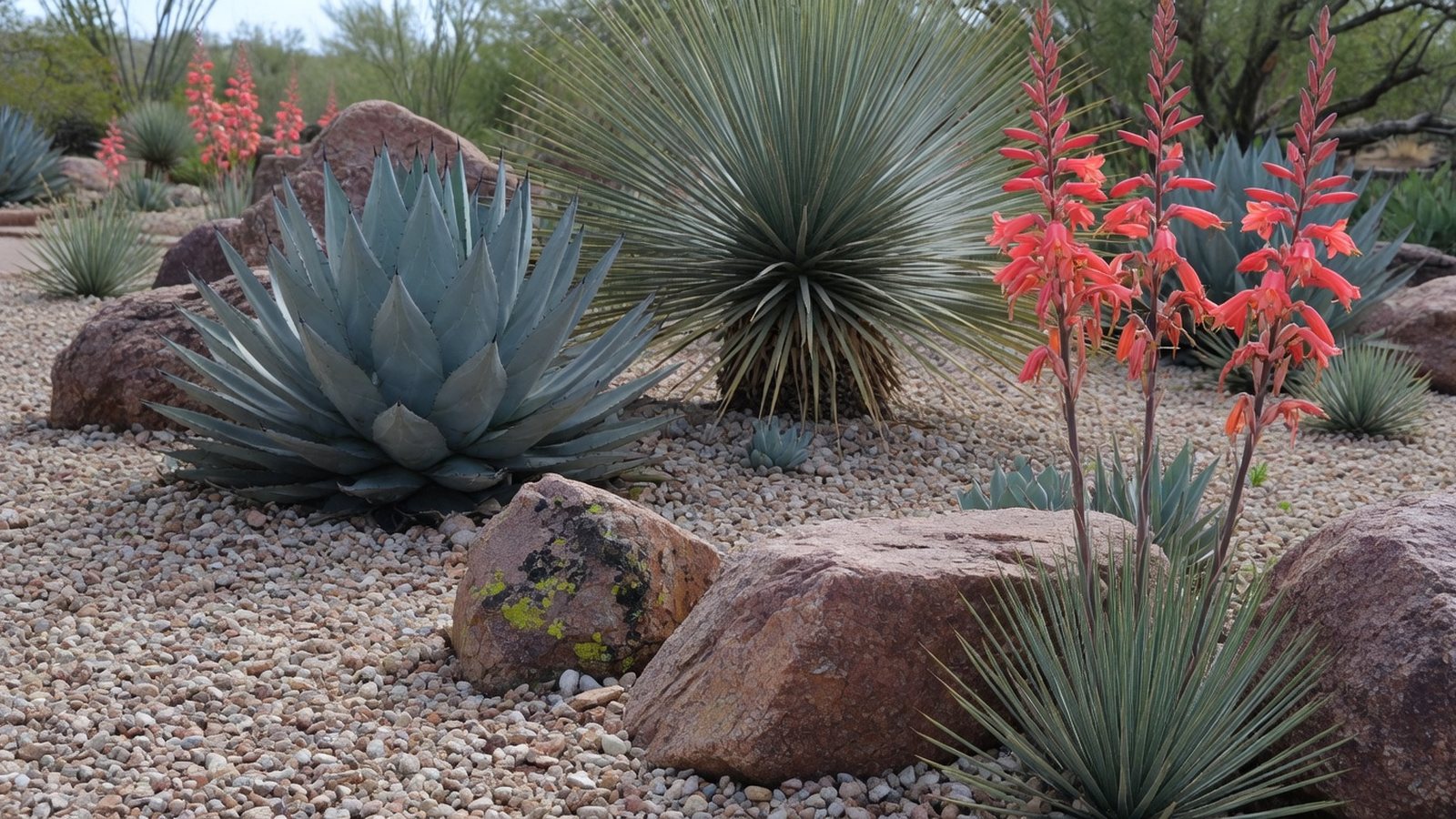 Arizona water-wise plant palette with agave, desert spoon, red yucca, boulders, and gravel texture
