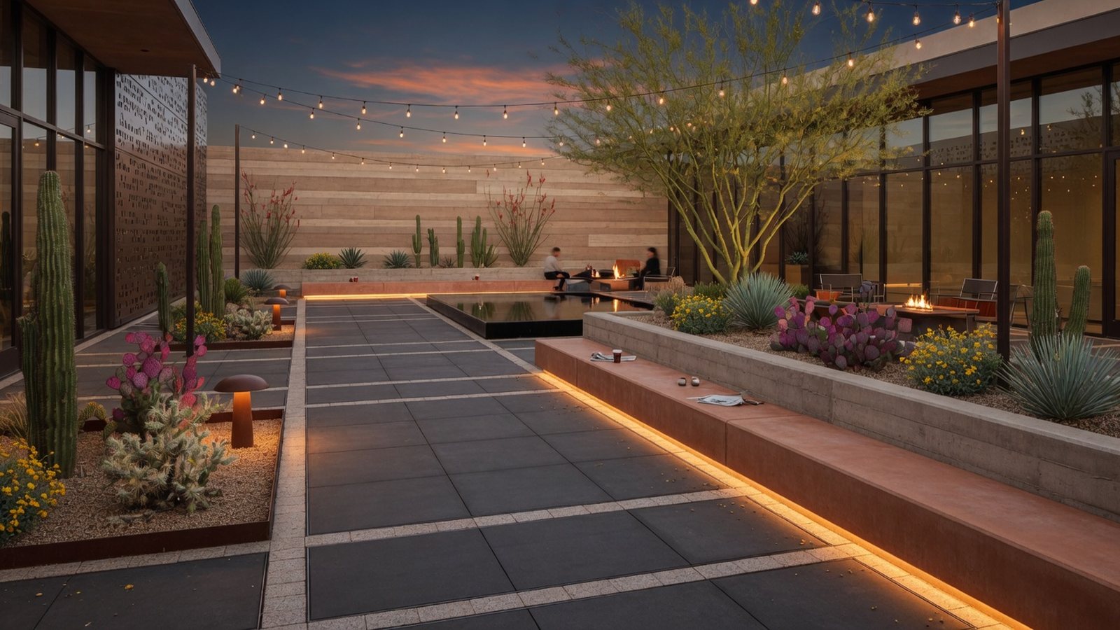 Modern Arizona commercial outdoor courtyard with hardscape geometry, desert planting, and warm lighting