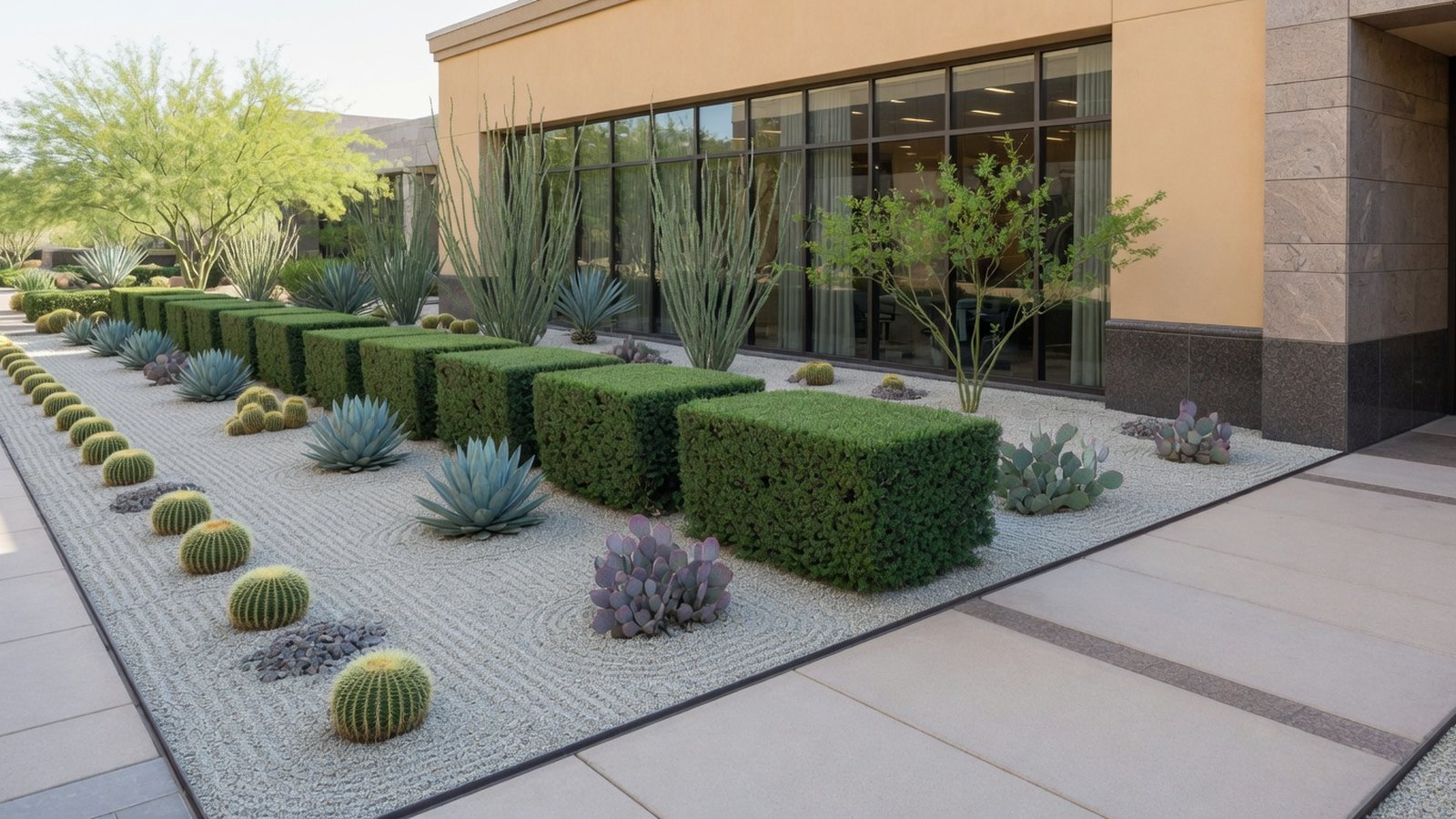 Premium Scottsdale commercial property entrance with desert plants, clean gravel beds, and walkway edges