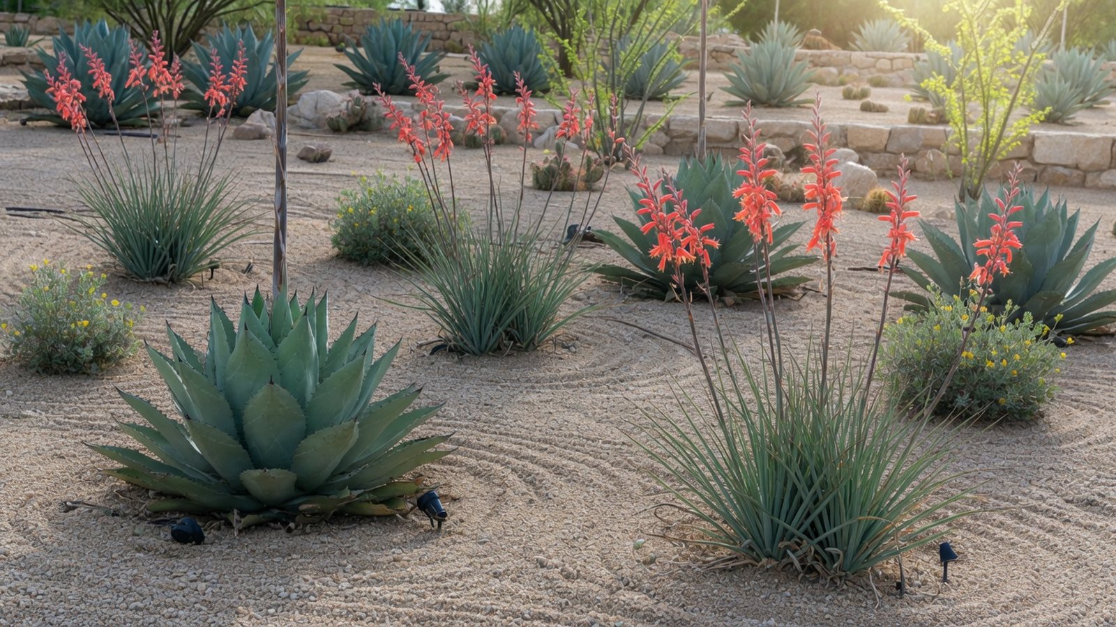Healthy Arizona desert plants under bright summer sun with gravel and drip irrigation detail
