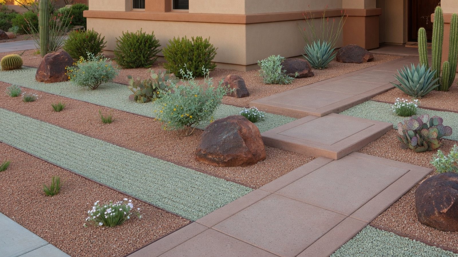 Front yard desert landscaping in Scottsdale with crisp gravel bands, native plants, boulders, and clean walkway geometry