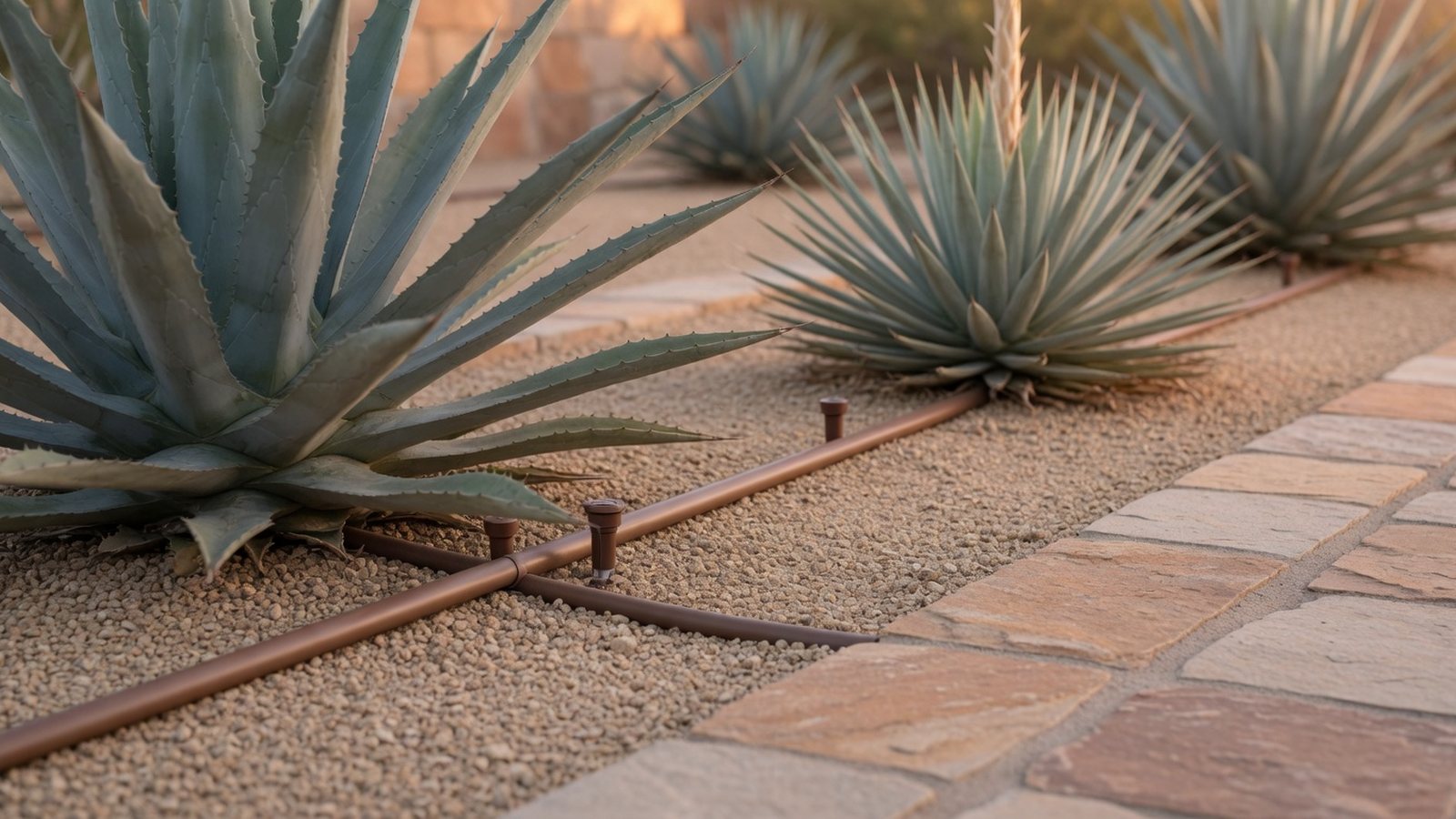 Neat drip irrigation tubing in a desert planting bed with gravel and healthy low-water plants