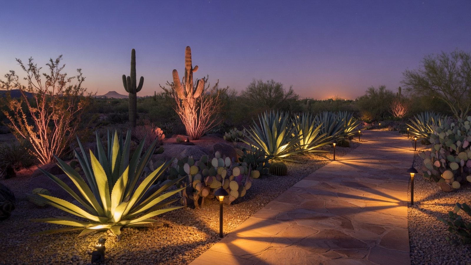 Evening Scottsdale desert landscape with warm path lights and uplighting on agave beside a stone walkway