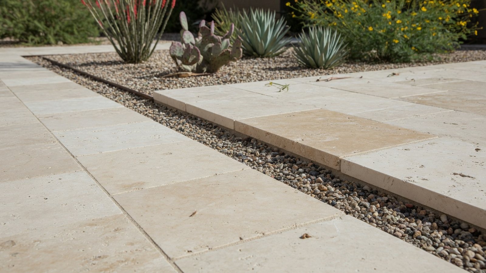 Modern limestone paver patio with precise edges, gravel border, and desert planting