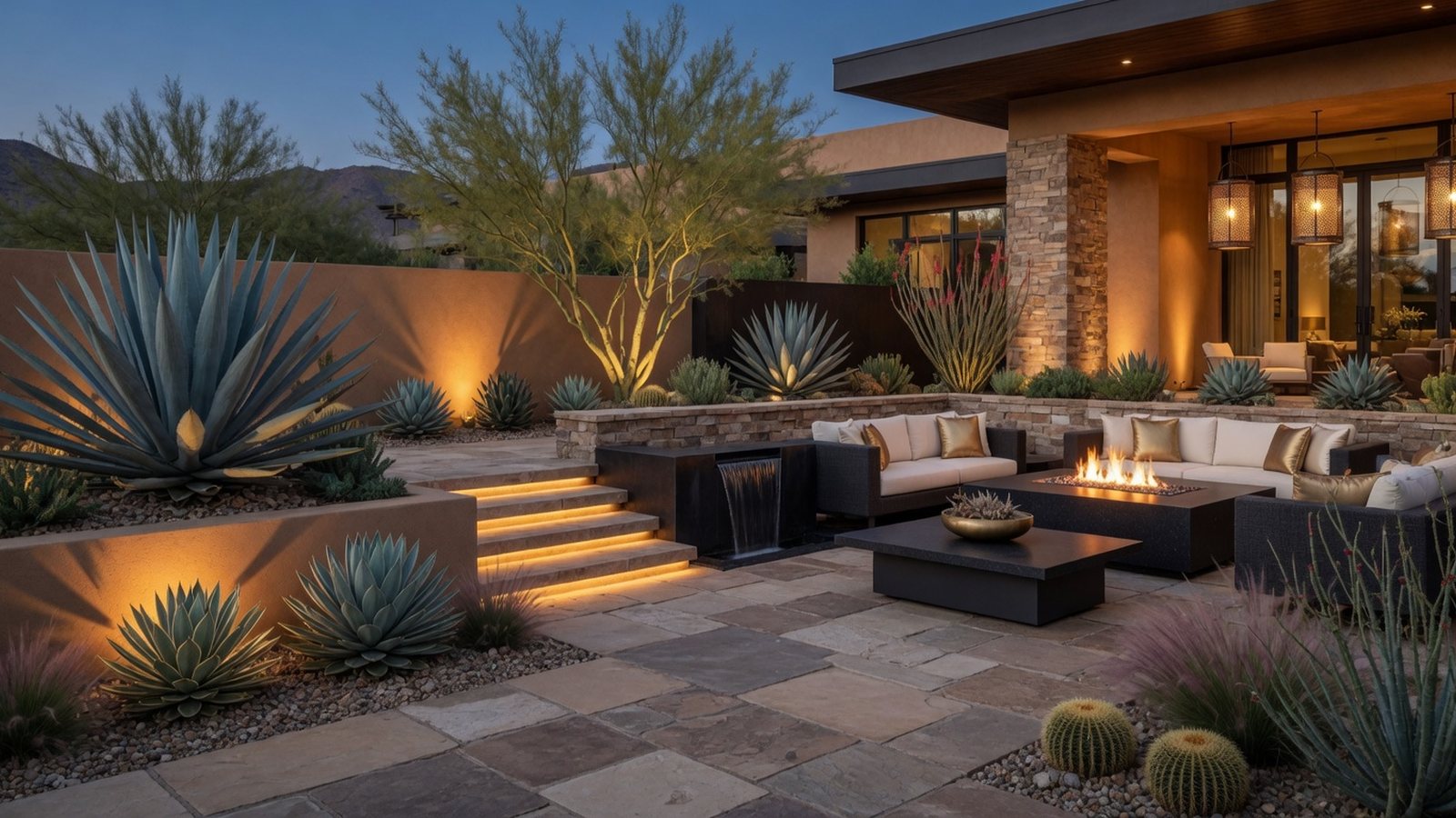 Luxury Scottsdale backyard landscape design with stone pavers, desert planting, seating, and warm lighting