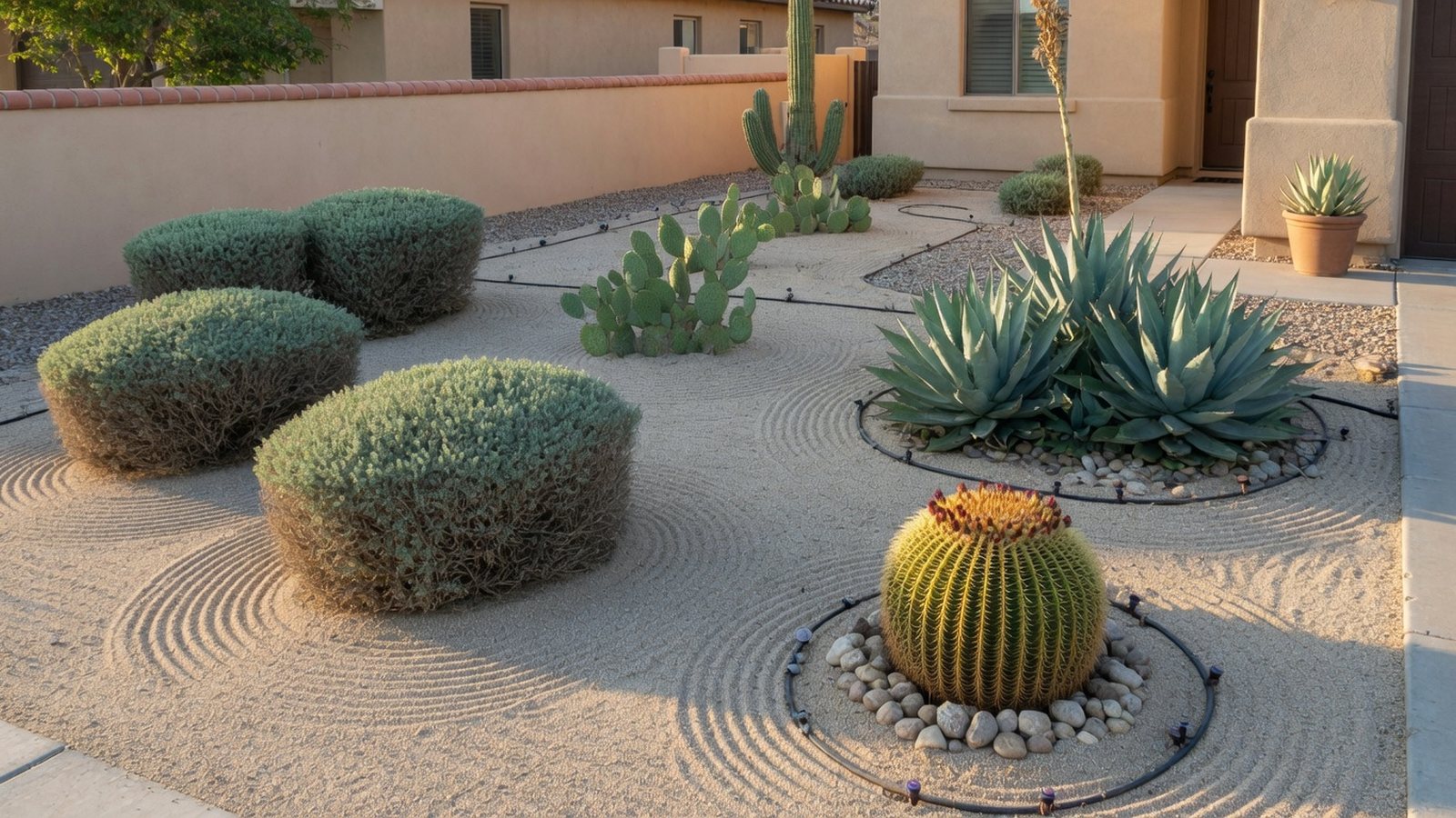Clean Scottsdale desert front yard with trimmed shrubs, raked gravel, agave, and drip lines after maintenance