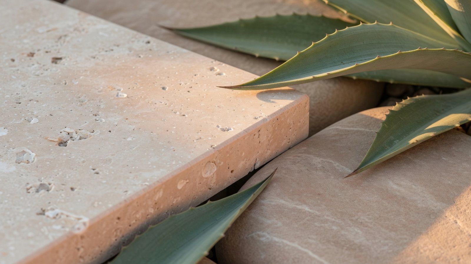Close-up of desert stone, sage leaves, and warm sunlight as a premium landscaping texture