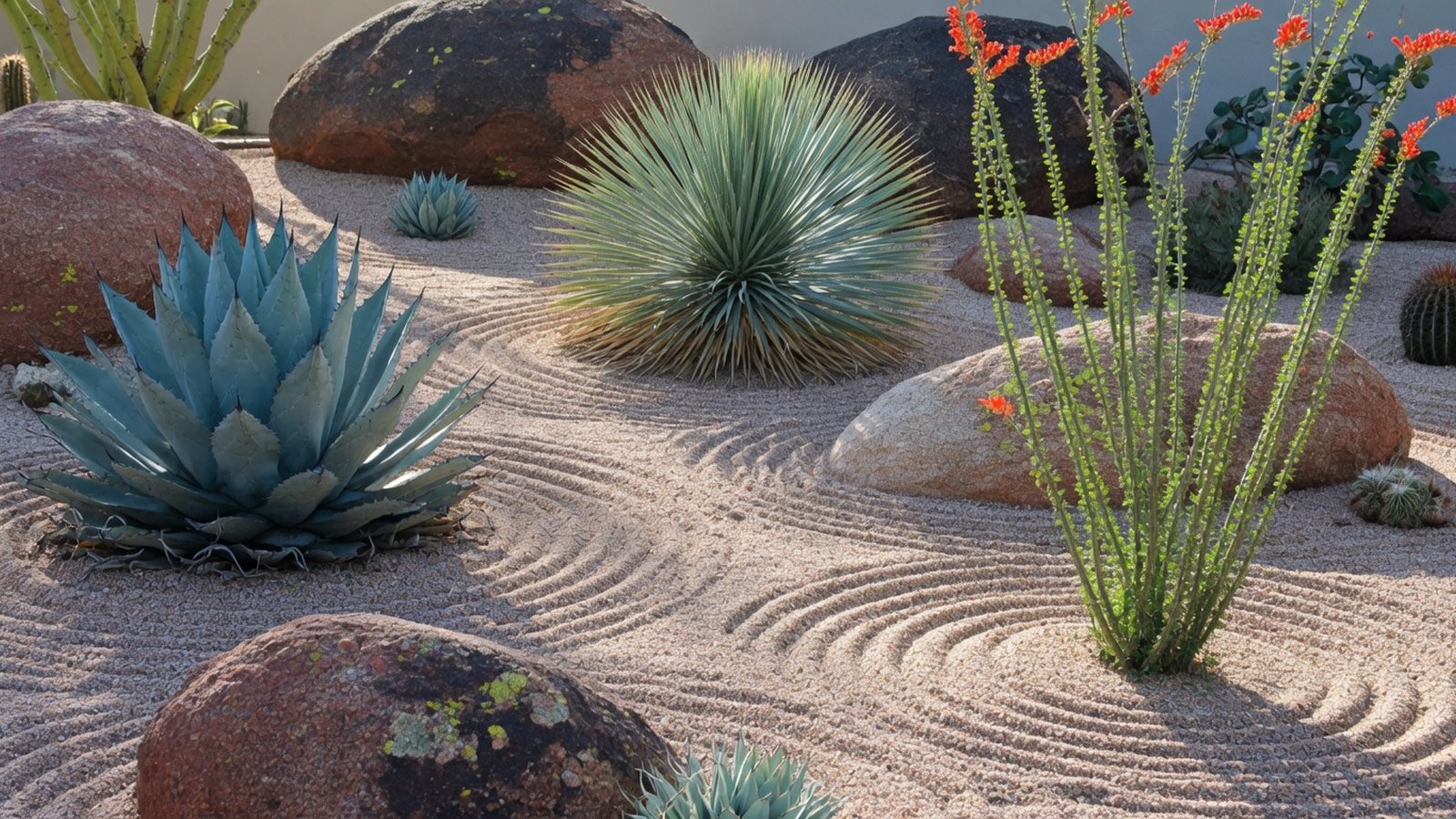 Water-wise Scottsdale xeriscape yard with agave, boulders, decomposed granite, and desert plants